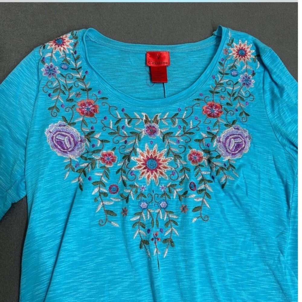 Cristina Tunic Women Medium Blue Floral Embroidered High-Low Slit Back Top - Picture 2 of 8